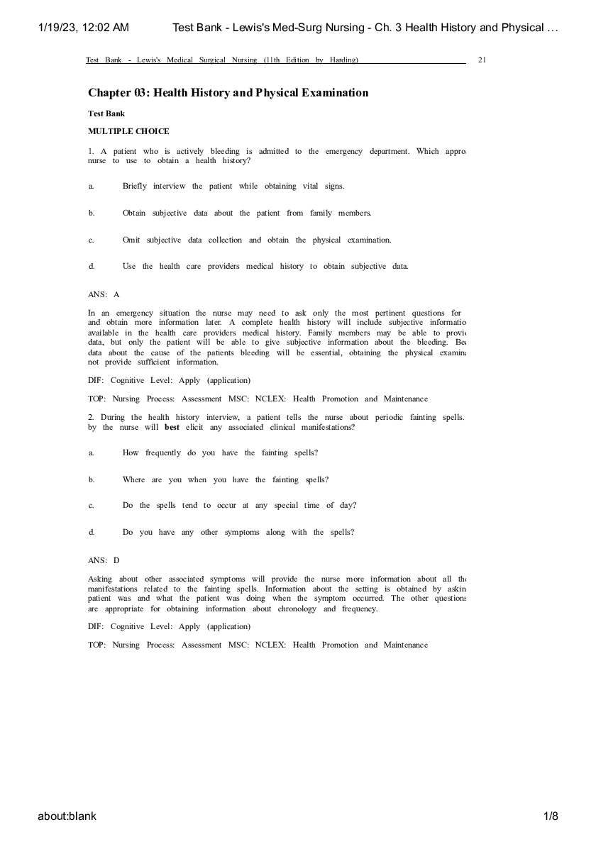 Preview image for Test Bank - Lewis's Med-Surg Nursing - Ch. 3 Health History and Physical Examination - RN Nclex